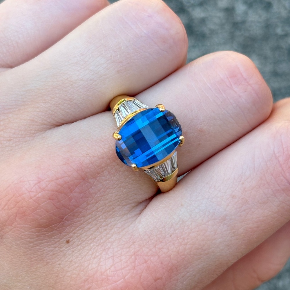 Gold Over Sterling Fancy Cut Blue Sapphire Simulant Cocktail Ring